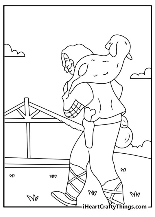 printable nativity scene showing a shepherd carrying a lamb toward the stable