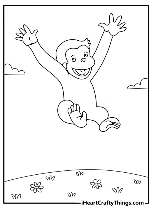printable page to color of a cheerful curious george jumping with arms stretched above his head