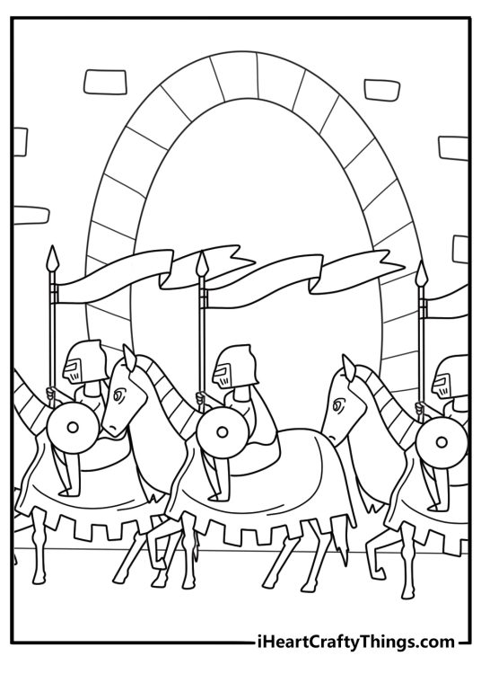 printable pdf knight marching with banner through village