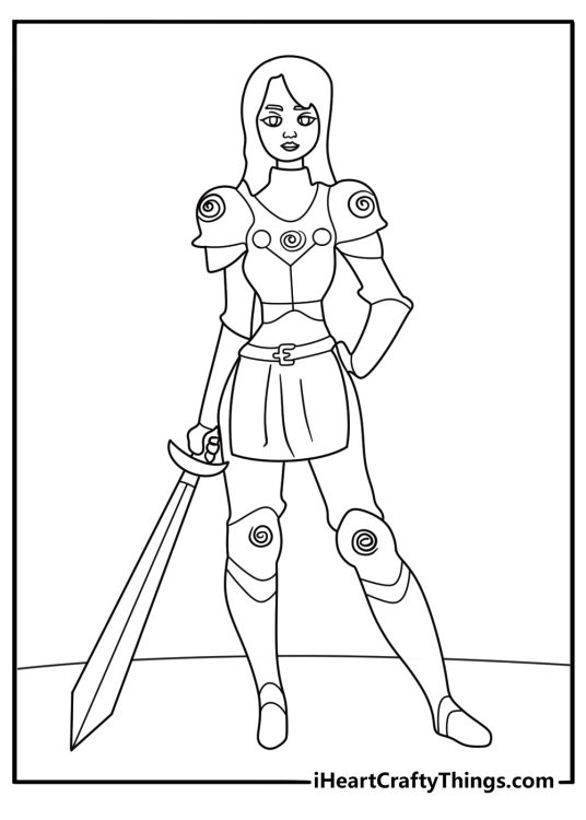 printable pdf lady knight in armor strong stance