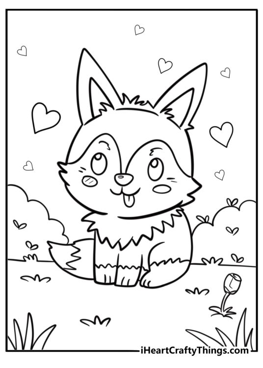 Printable sheet for kids to color featuring little fox in love with a tongue out