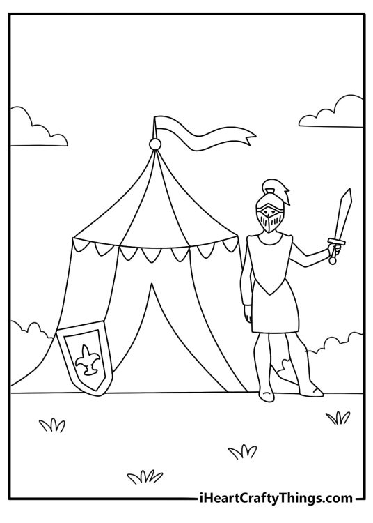 printable squire polishing knight armor in tent camp