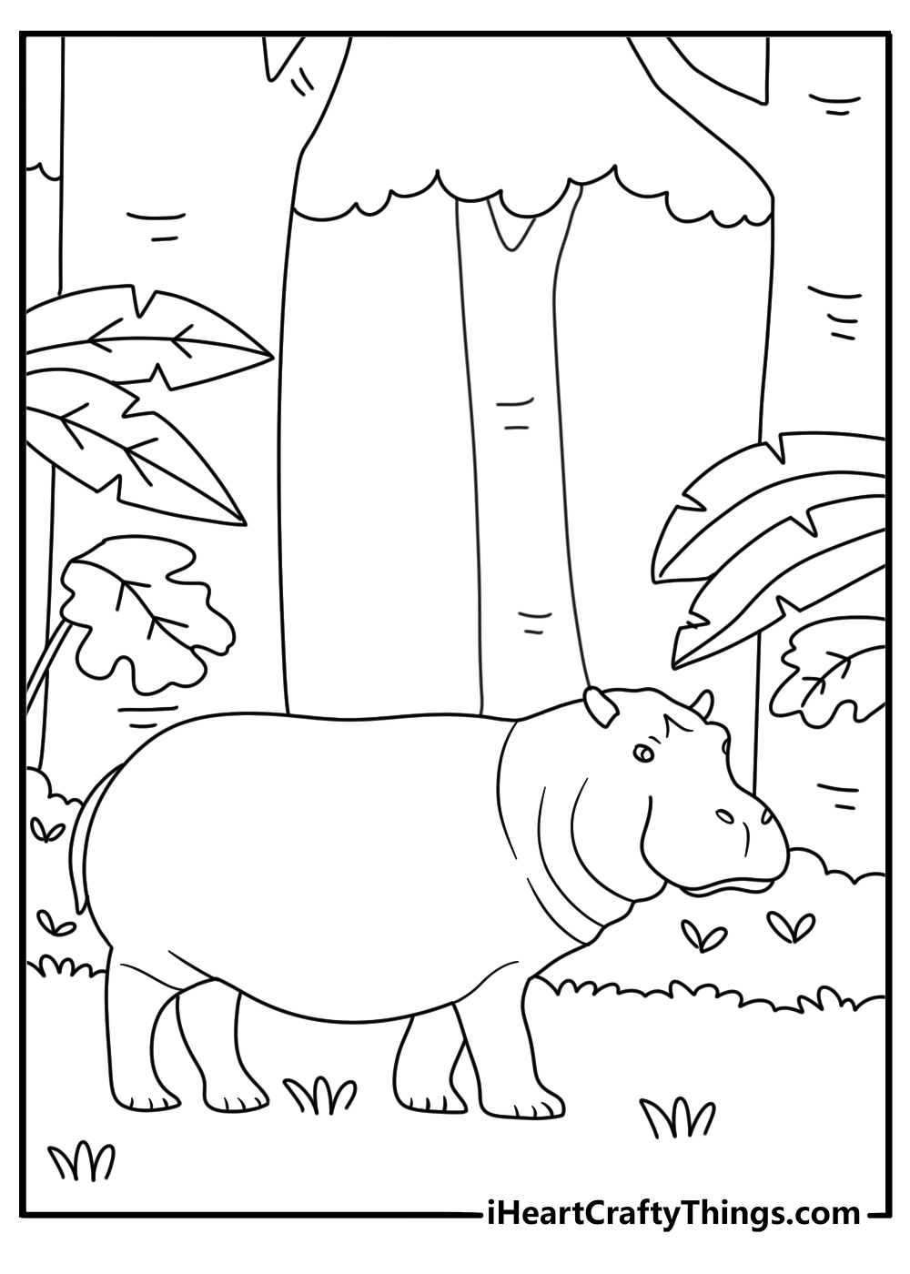 pygmy hippopotamus walks through a tropical forest in this detailed coloring page