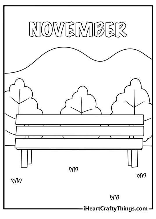 quiet park with empty benches appears in this detailed november coloring sheet