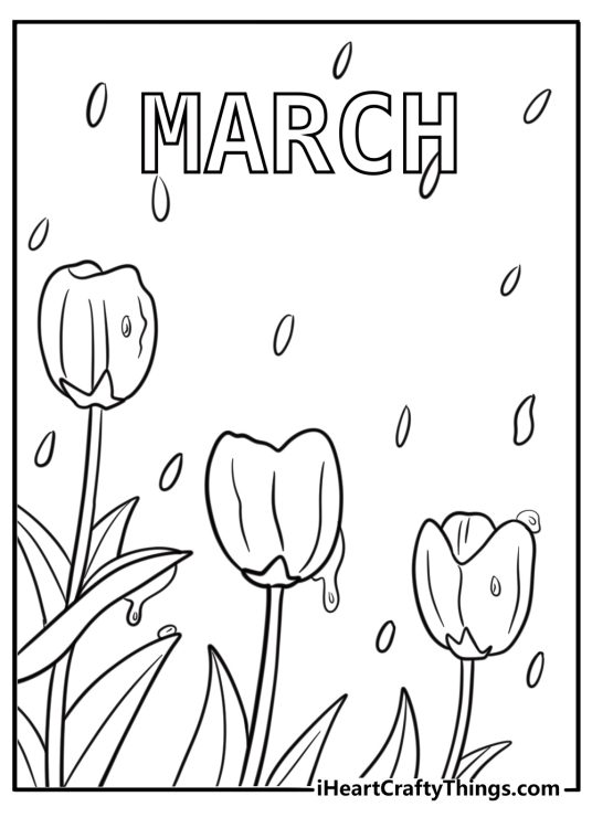 Raindrops falling on tulips in March coloring page