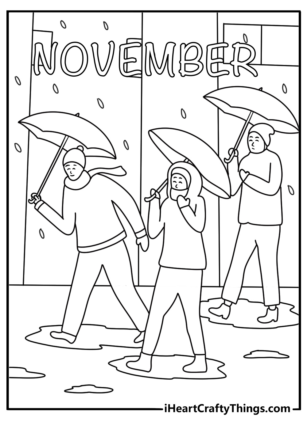 rainy city street with people carrying umbrellas makes this november coloring sheet