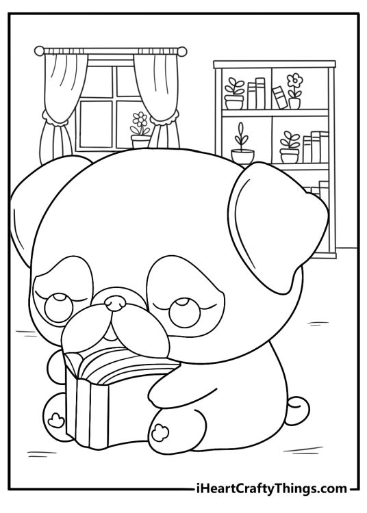reading pug coloring page pug on rug next to open book cozy scene printable for kids