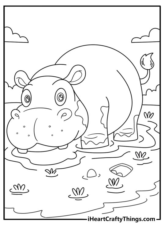 realistic hippo coloring page hippo walking through muddy trail with footprints detailed pdf
