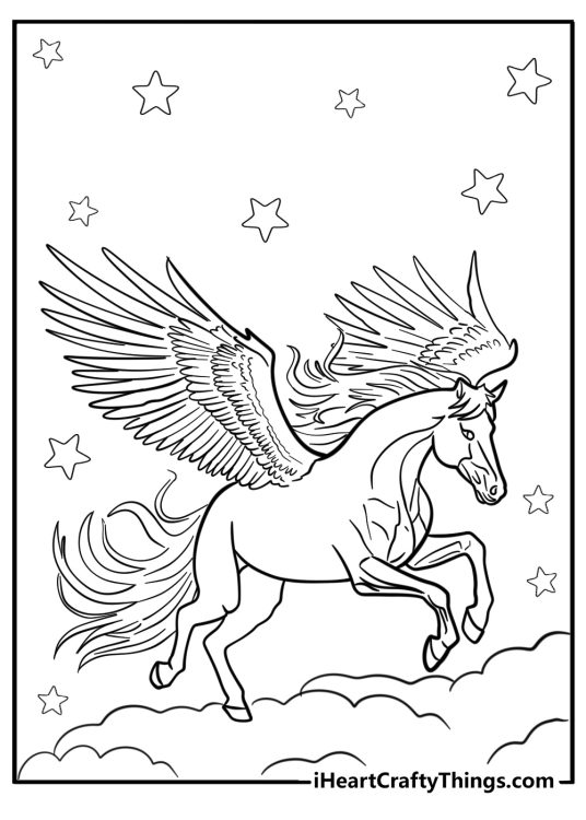Realistic pegasus coloring page with starry night sky