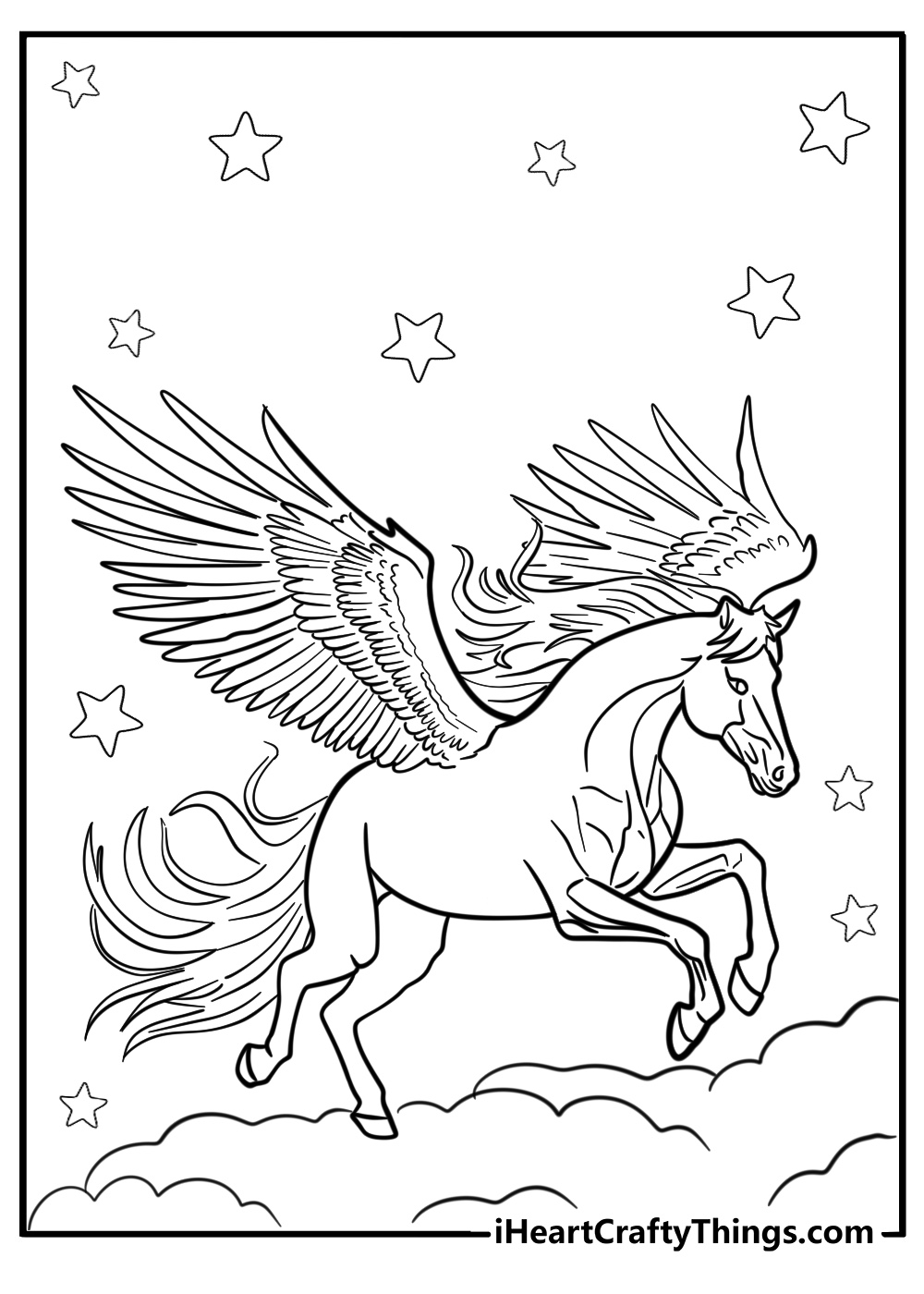 Realistic pegasus coloring page with starry night sky