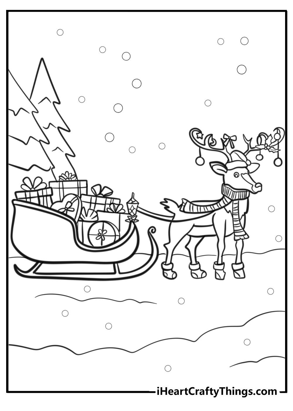 Reindeer and sleigh full of presents free coloring page pdf