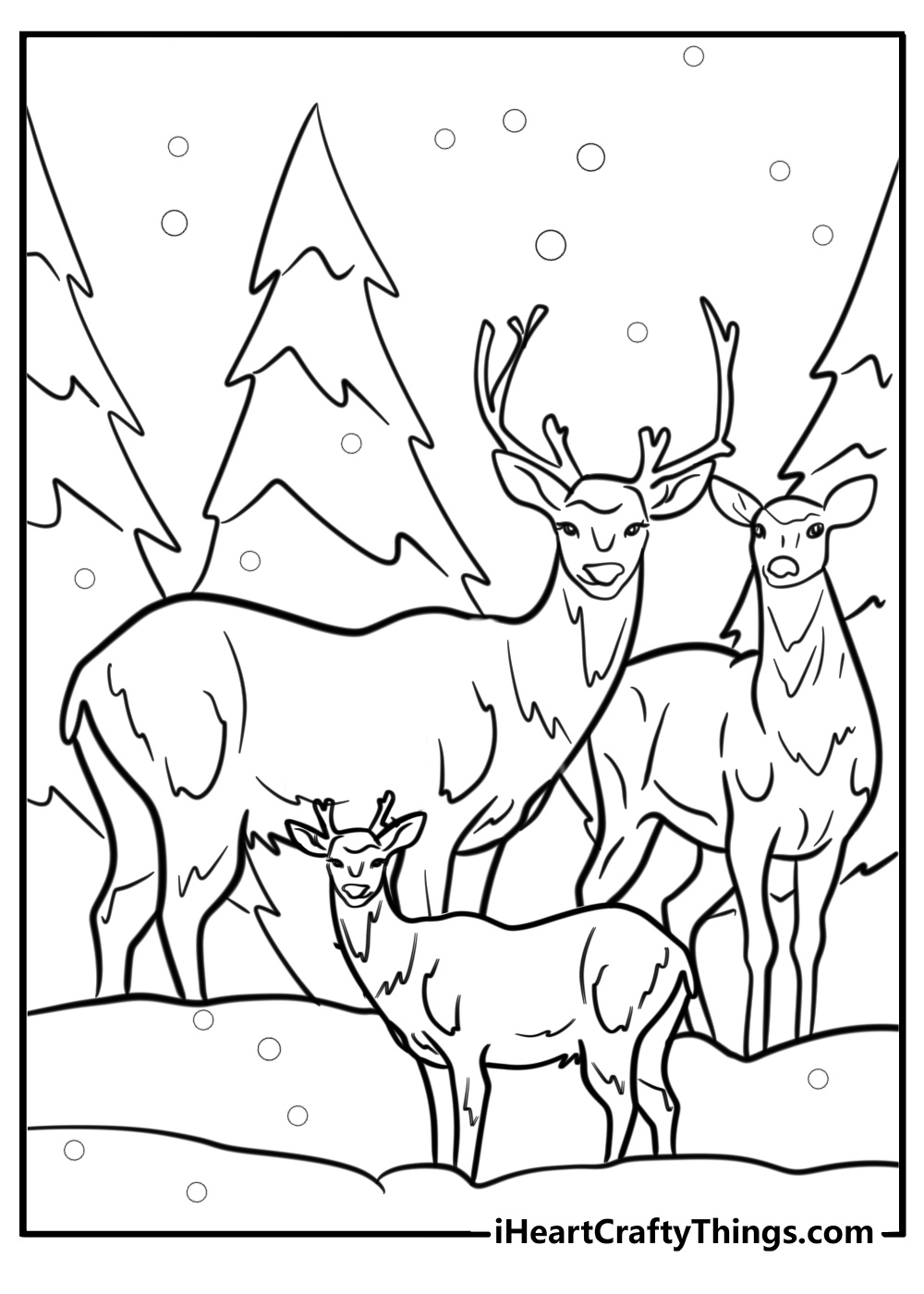 Reindeer family in a winter forest detailed coloring sheet