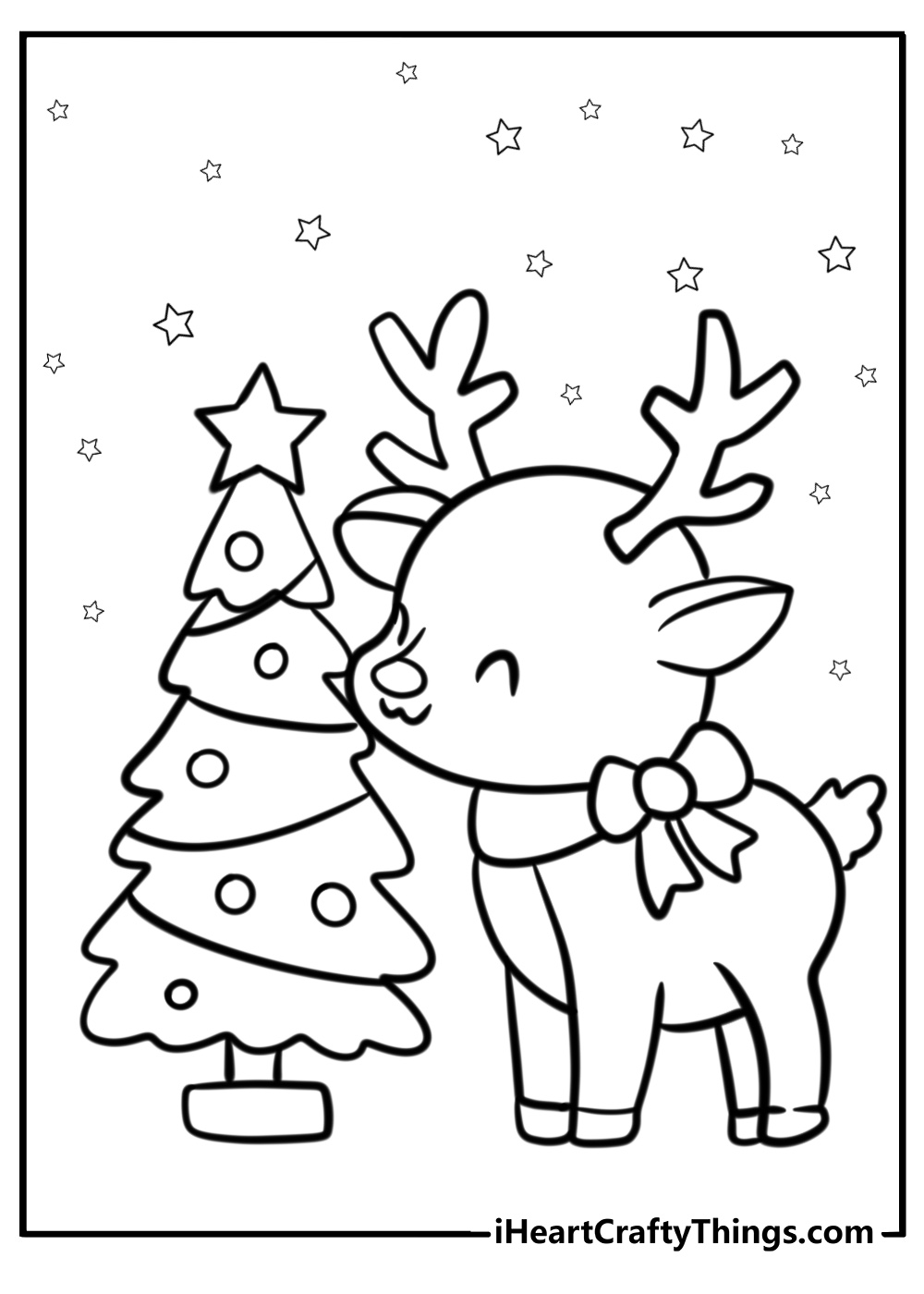 Reindeer next to a decorated christmas tree coloring sheet