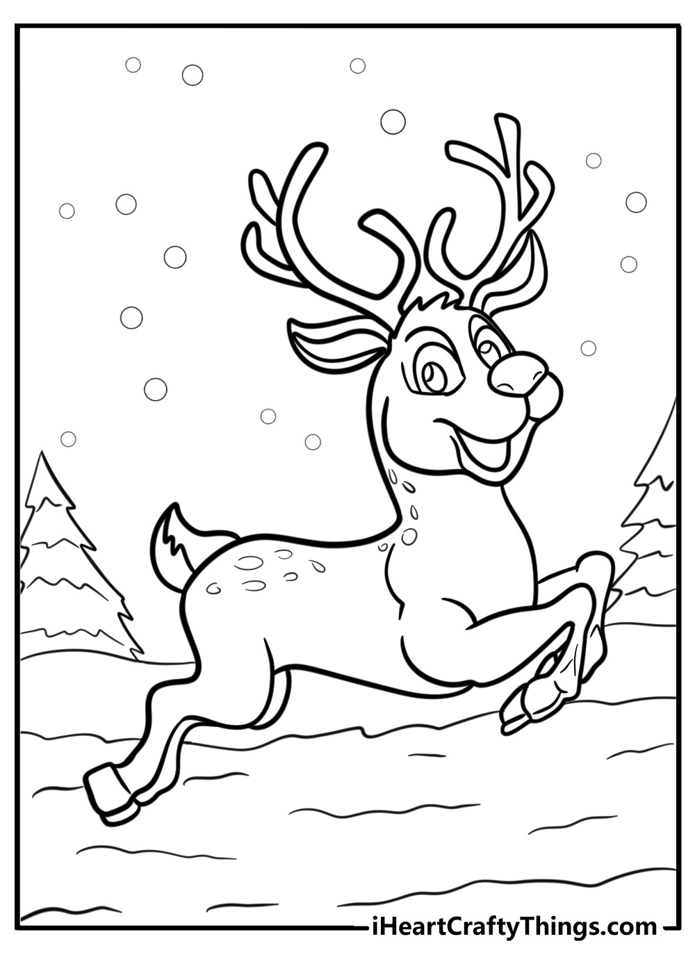 Reindeer prancing in the snow detailed coloring sheet