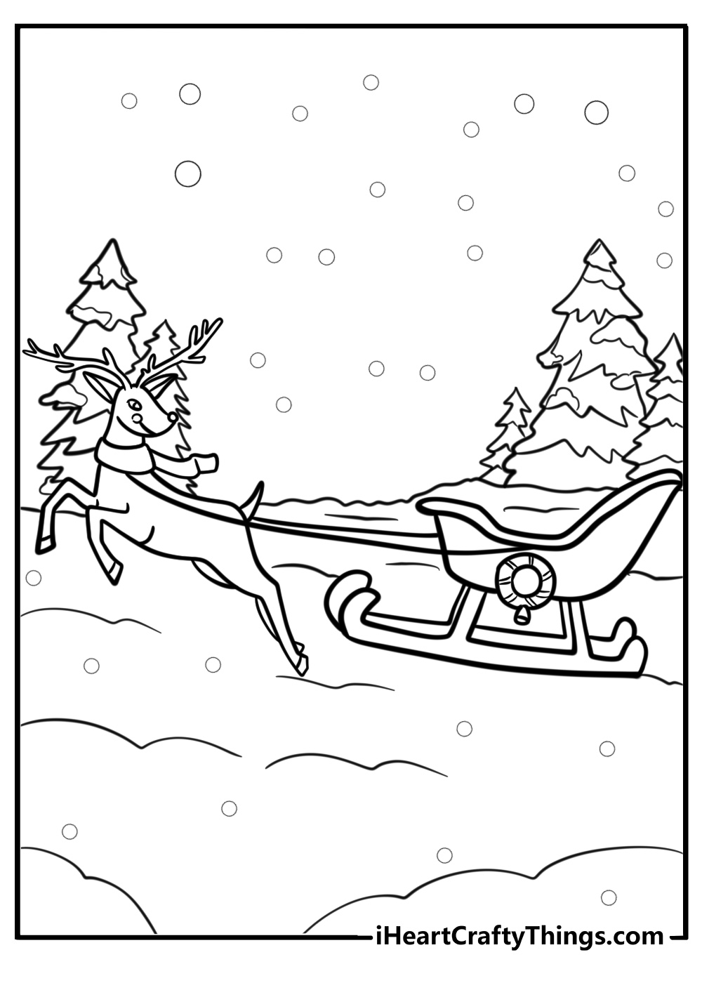 Reindeer pulling santa's sleigh detailed coloring sheet 