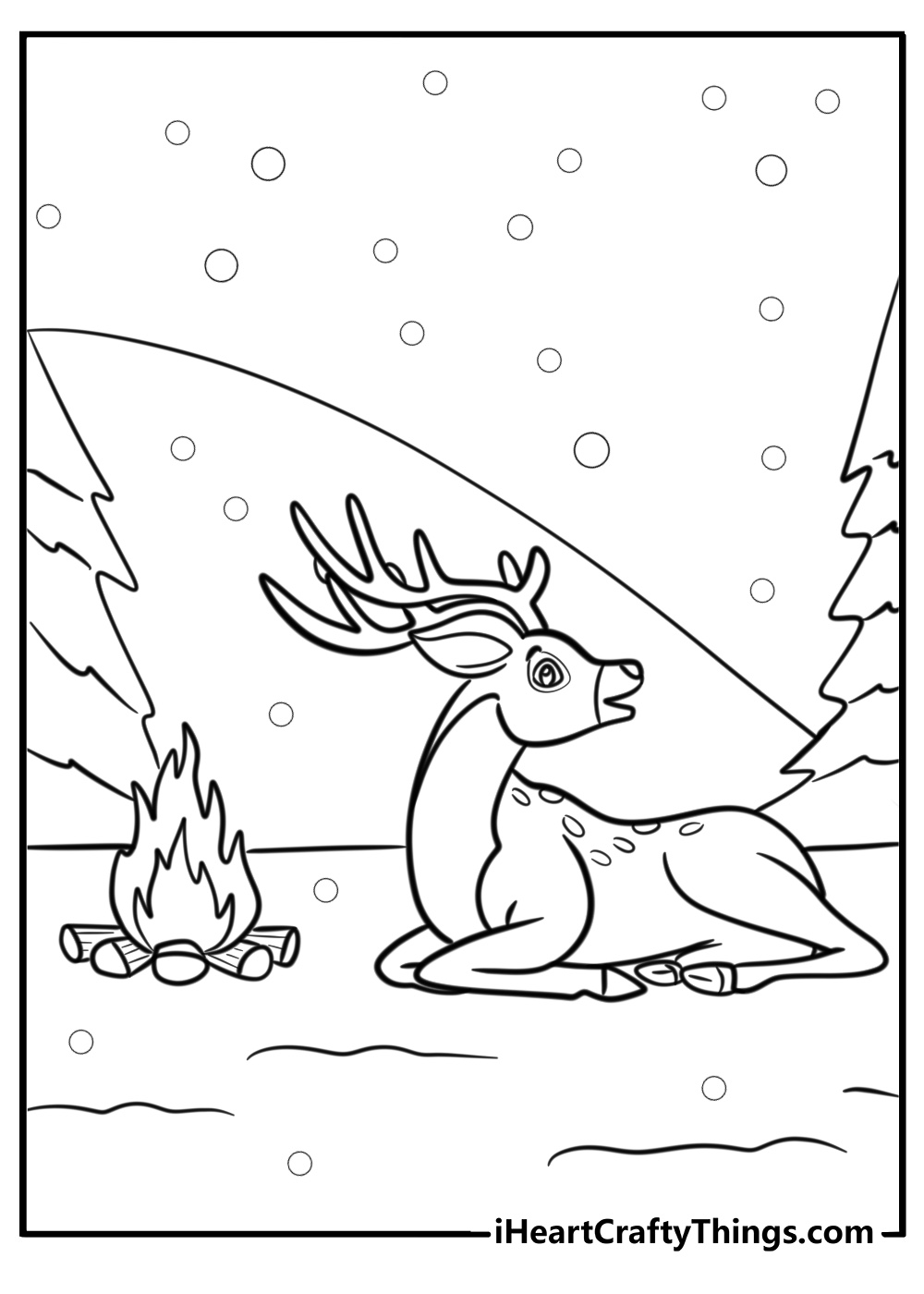 Reindeer resting near a cozy fire free coloring page pdf