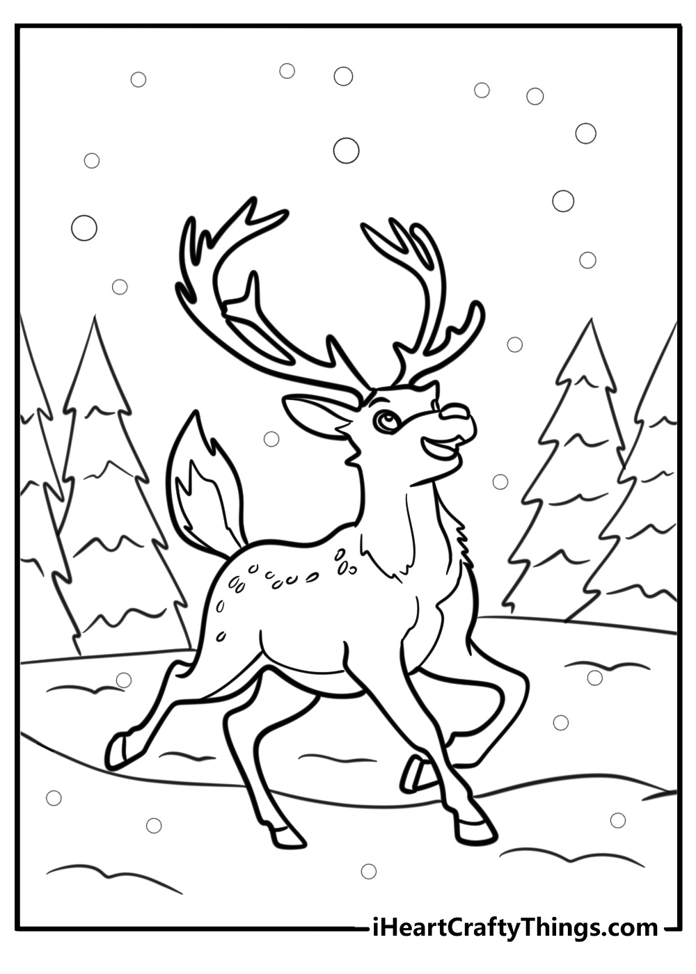 Reindeer running through the snow fun coloring sheet