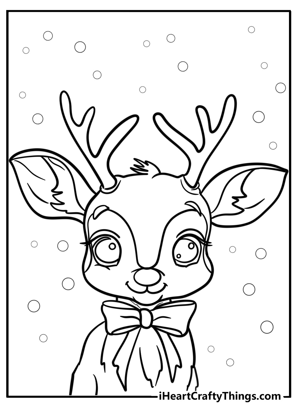 Reindeer with a big red bow printable coloring page