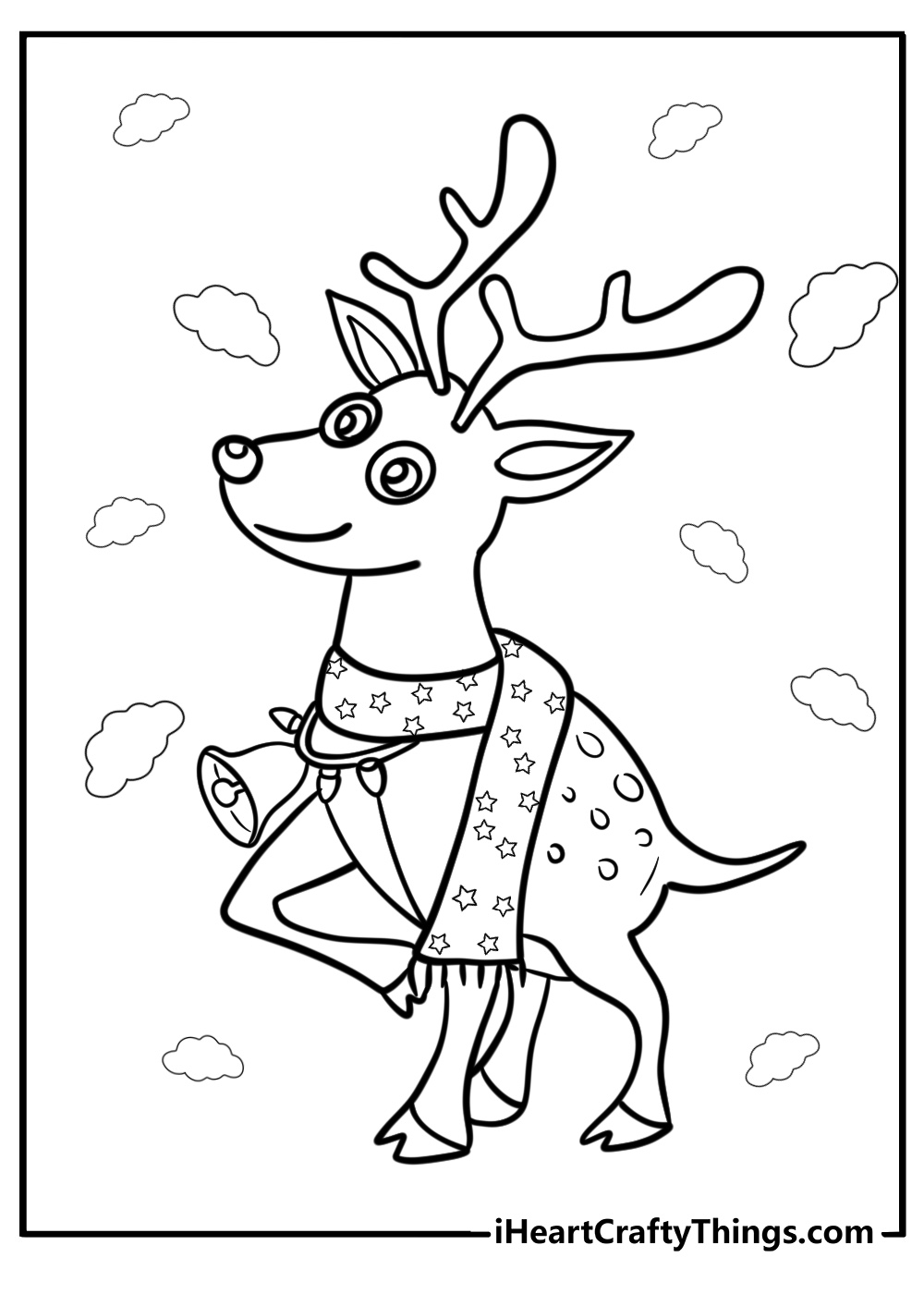 Reindeer with a christmas bell free coloring page pdf