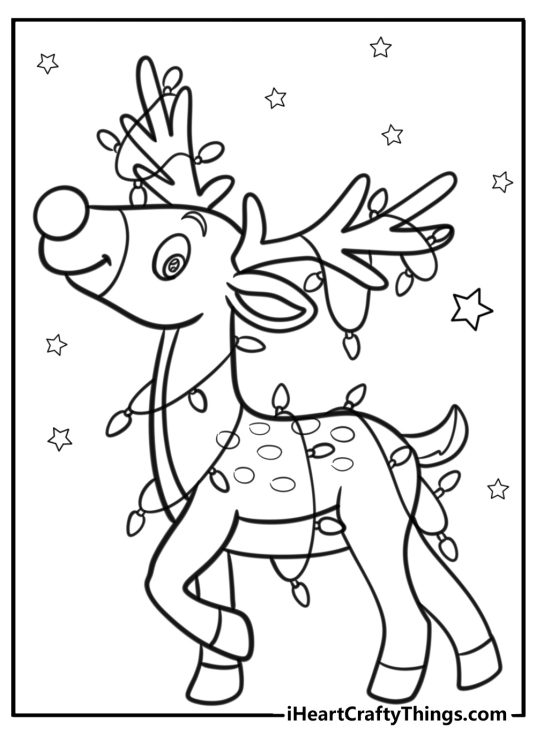 Reindeer with christmas lights around antlers coloring page