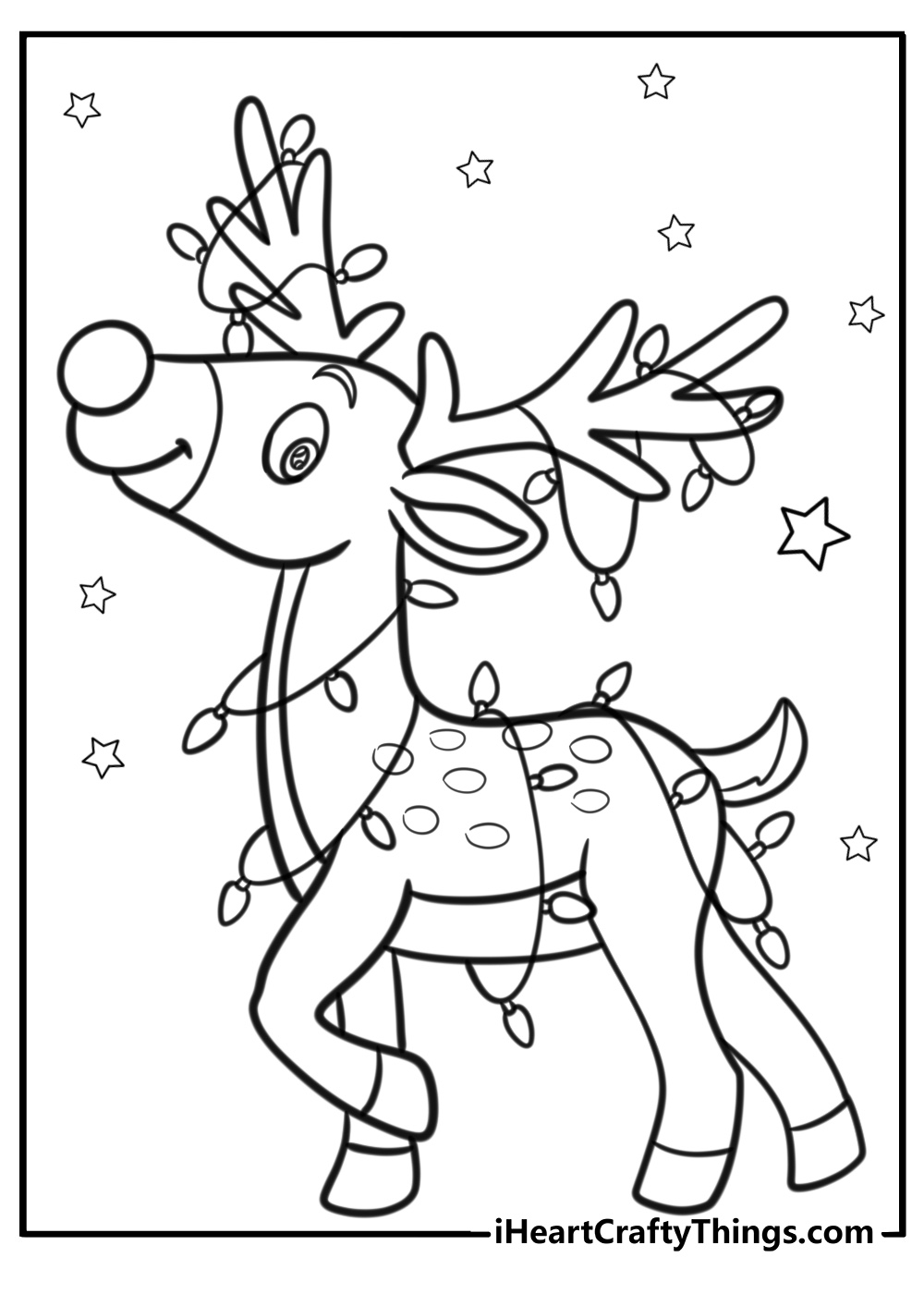 Reindeer with christmas lights around antlers coloring page