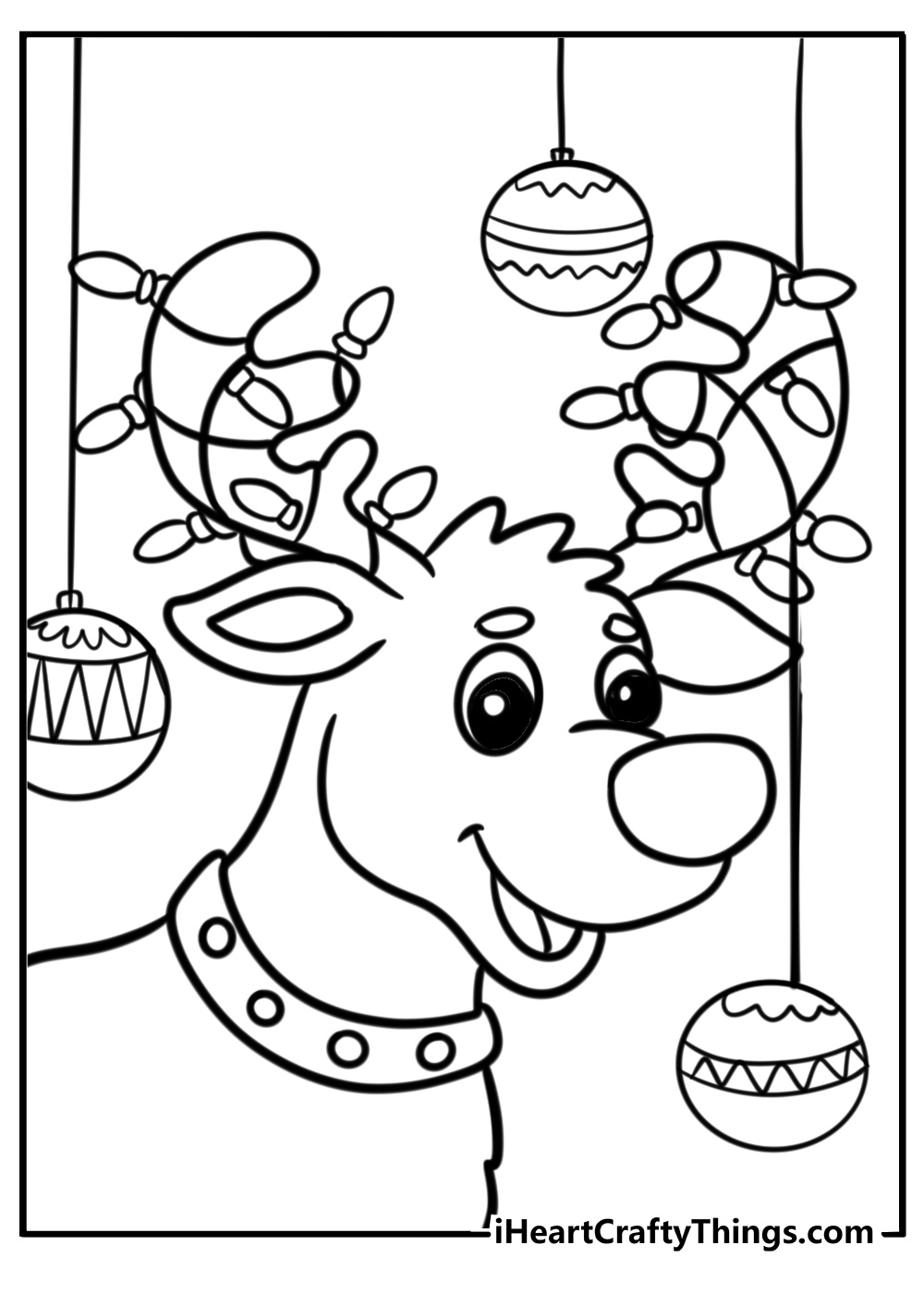 Reindeer with holiday ornaments on antlers coloring page