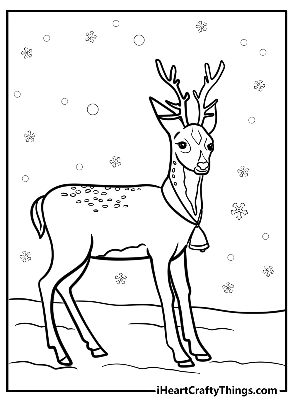 Reindeer with snowflakes falling printable coloring page