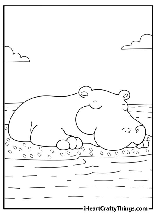 river safari hippo coloring poster big hippo resting on sandbank with rocks and shrubs download