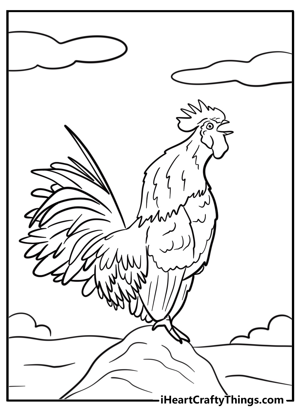 Rooster with a loud crow free coloring page pdf