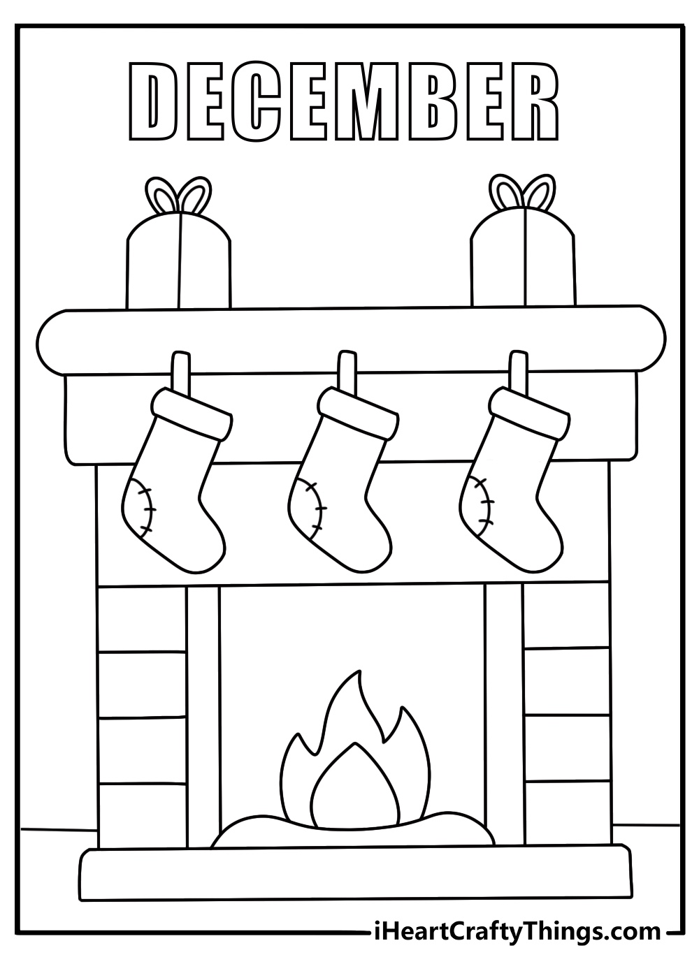 row of christmas stockings hangs above a fireplace in this festive printable