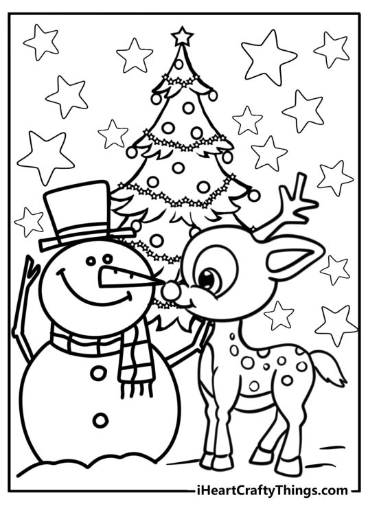 Christmas-themed drawing featuring cute reindeer standing next to a snowman with Christmas tree and stars behind them