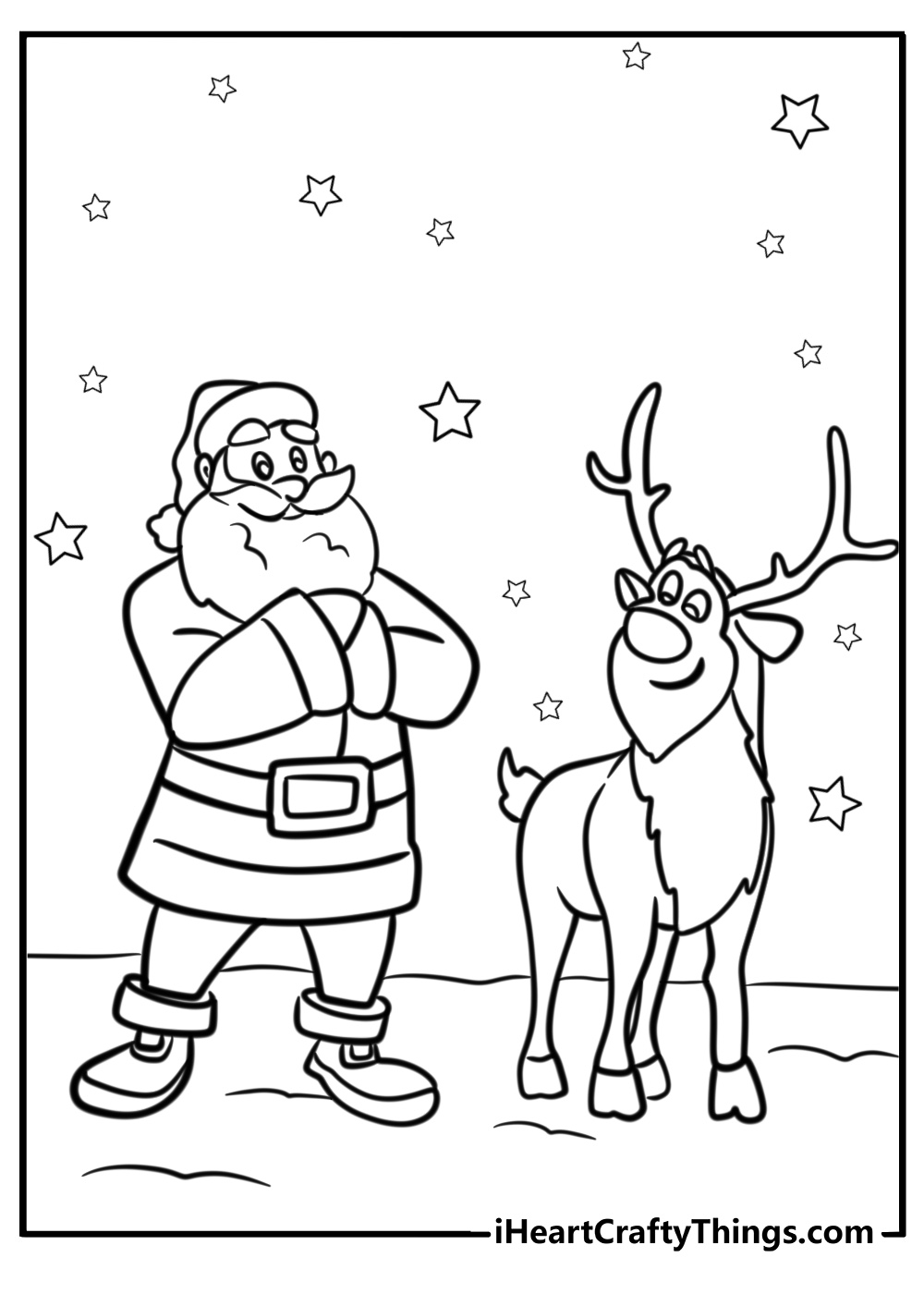 Santa and reindeer getting ready for christmas fun sheet