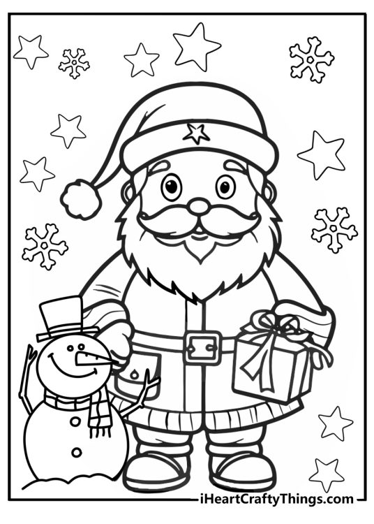 Christmas-themed drawing of a cute cartoony Santa with snowman on the side and stars with snowflakes all around it