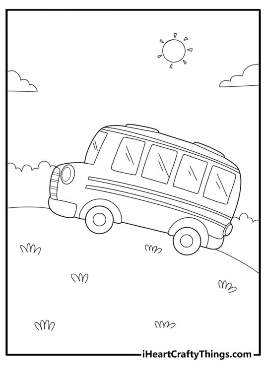 school bus climbing a steep hill detailed coloring sheet