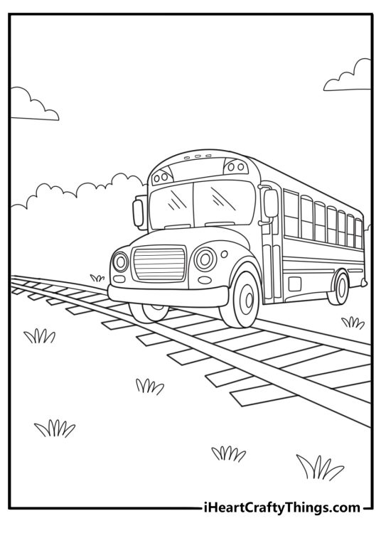school bus crossing railroad tracks printable coloring page