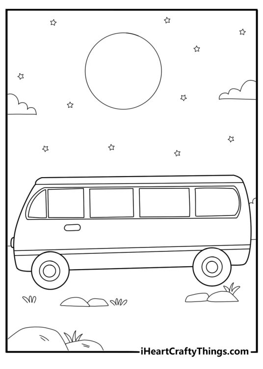 school bus driving at night under the moon printable coloring page