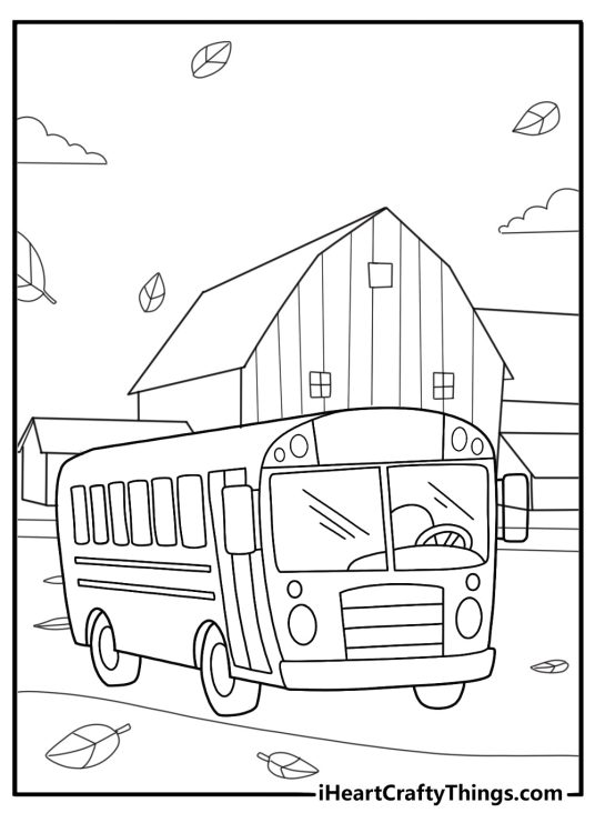 school bus driving past a farm with barn and animals coloring sheet