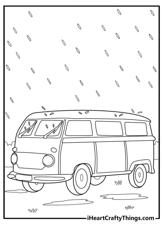 school bus driving through rain with windshield wipers coloring page