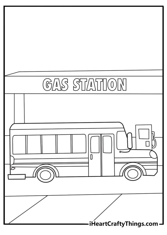 school bus parked at a gas station simple coloring sheet