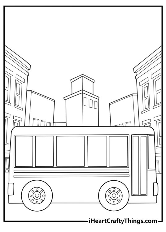 school bus parked in a parking lot near shops coloring sheet