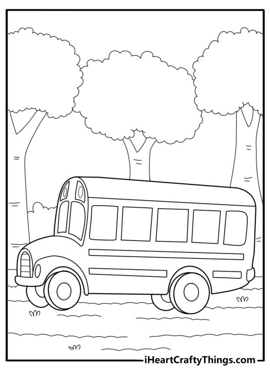 school bus parked on a dirt road near a forest coloring sheet