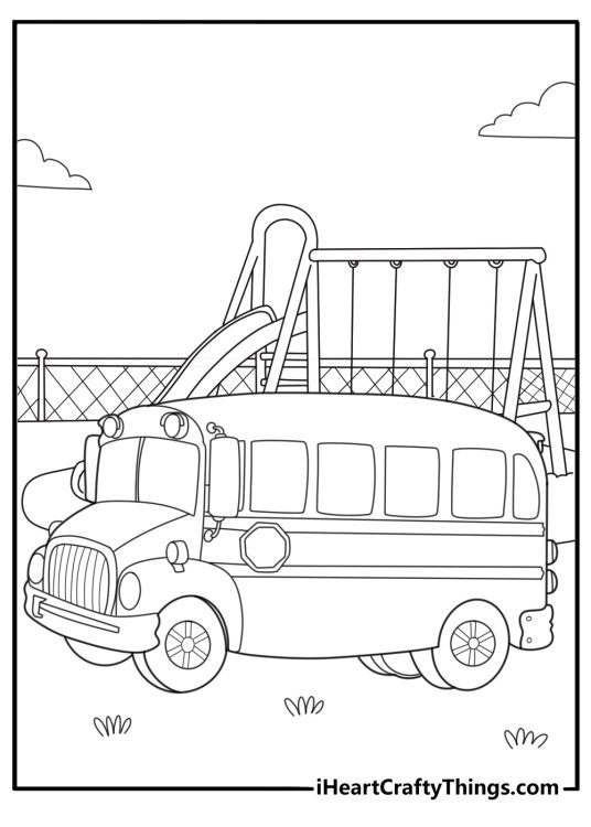 school bus parked on grass near a playground fun coloring page
