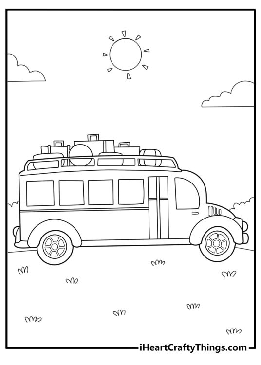 school bus with luggage on the roof cartoon style coloring sheet