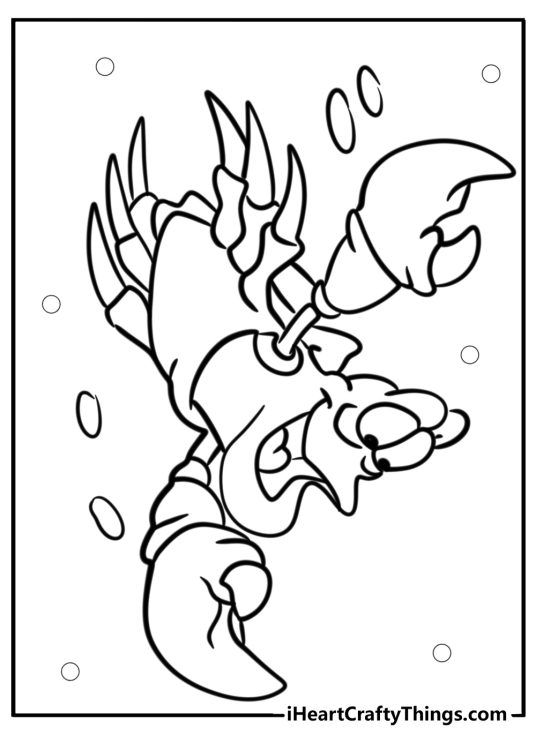 Ariel-themed picture to print and color featuring cheerful crab Sebastian with bubbles all around him