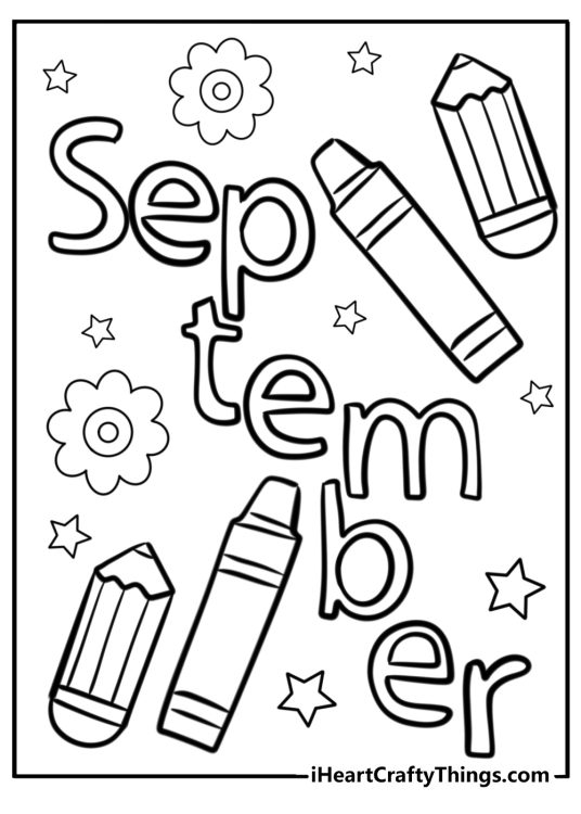 Fall-themed coloring card depicting word September surrounded by pencils stars and flowers