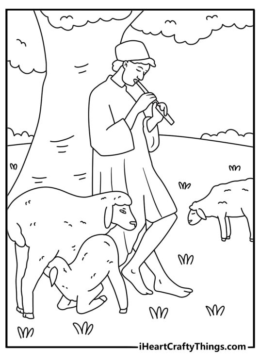 shepherd plays a small flute beside his sheep in this nativity printable
