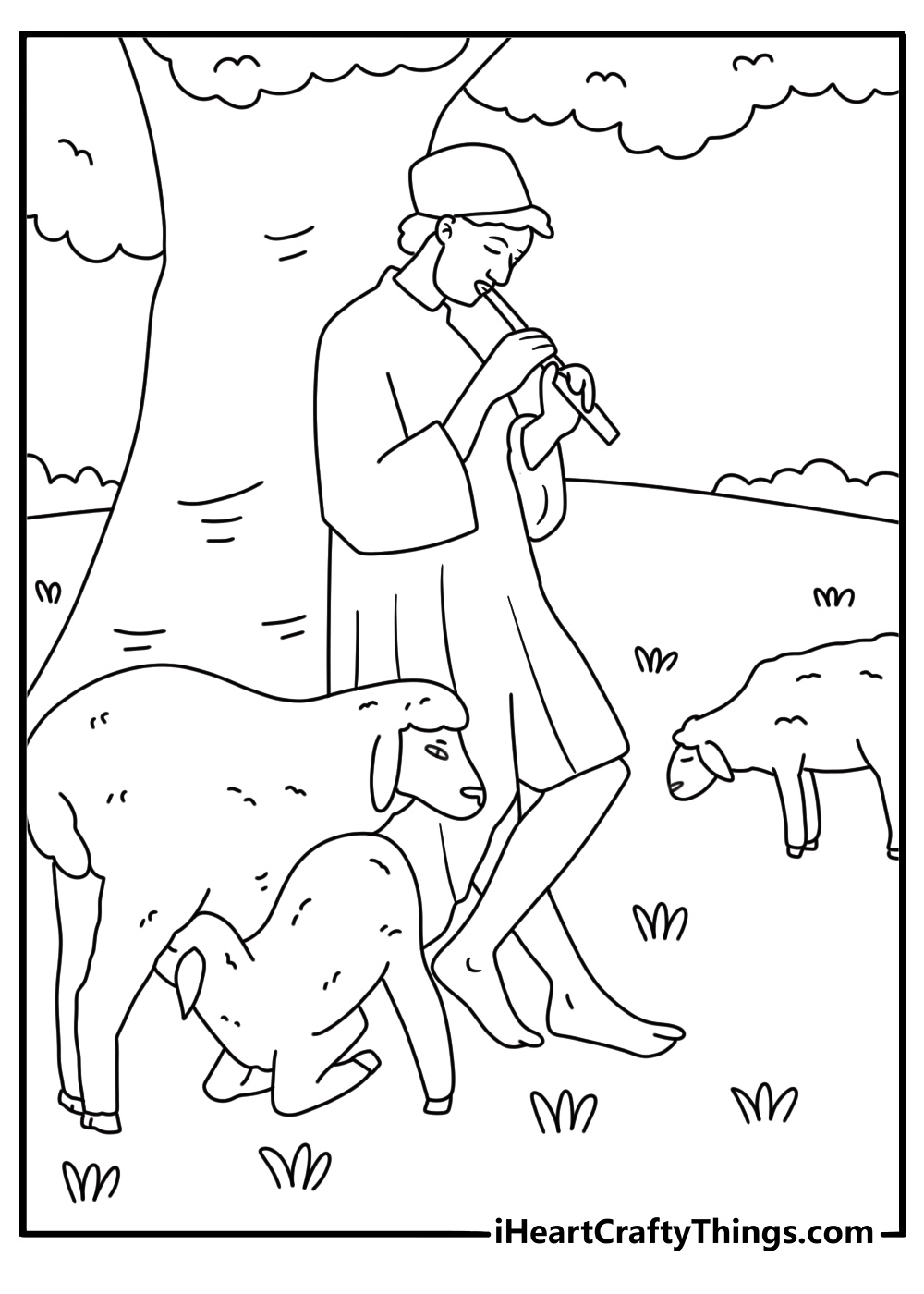 shepherd plays a small flute beside his sheep in this nativity printable
