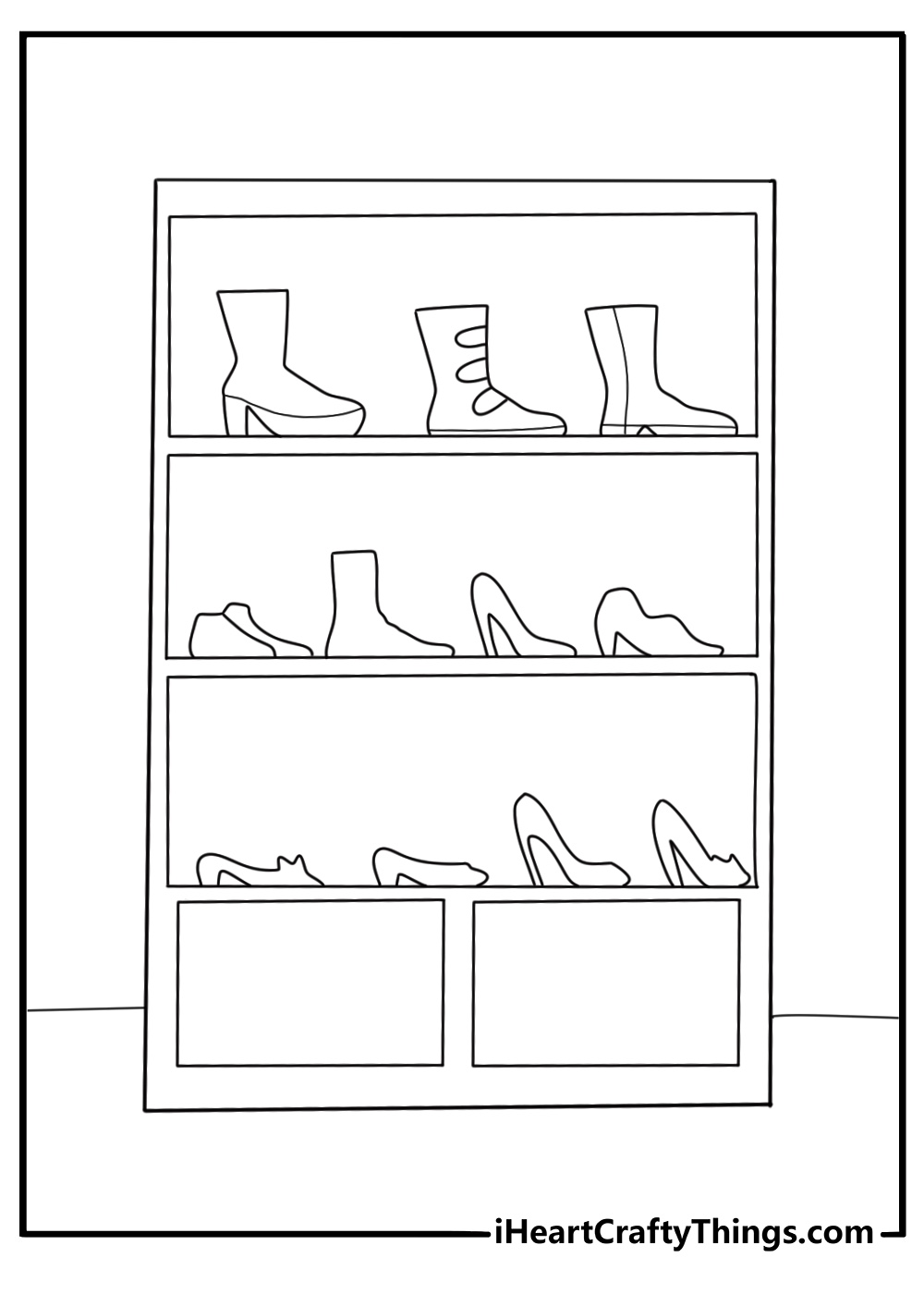shoe shelf with heels boots and flats fashion coloring page printable