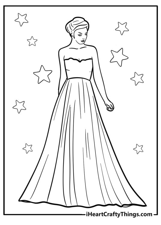 Printable page depicting lady in a tube dress with long overskirt surrounded by stars in the background