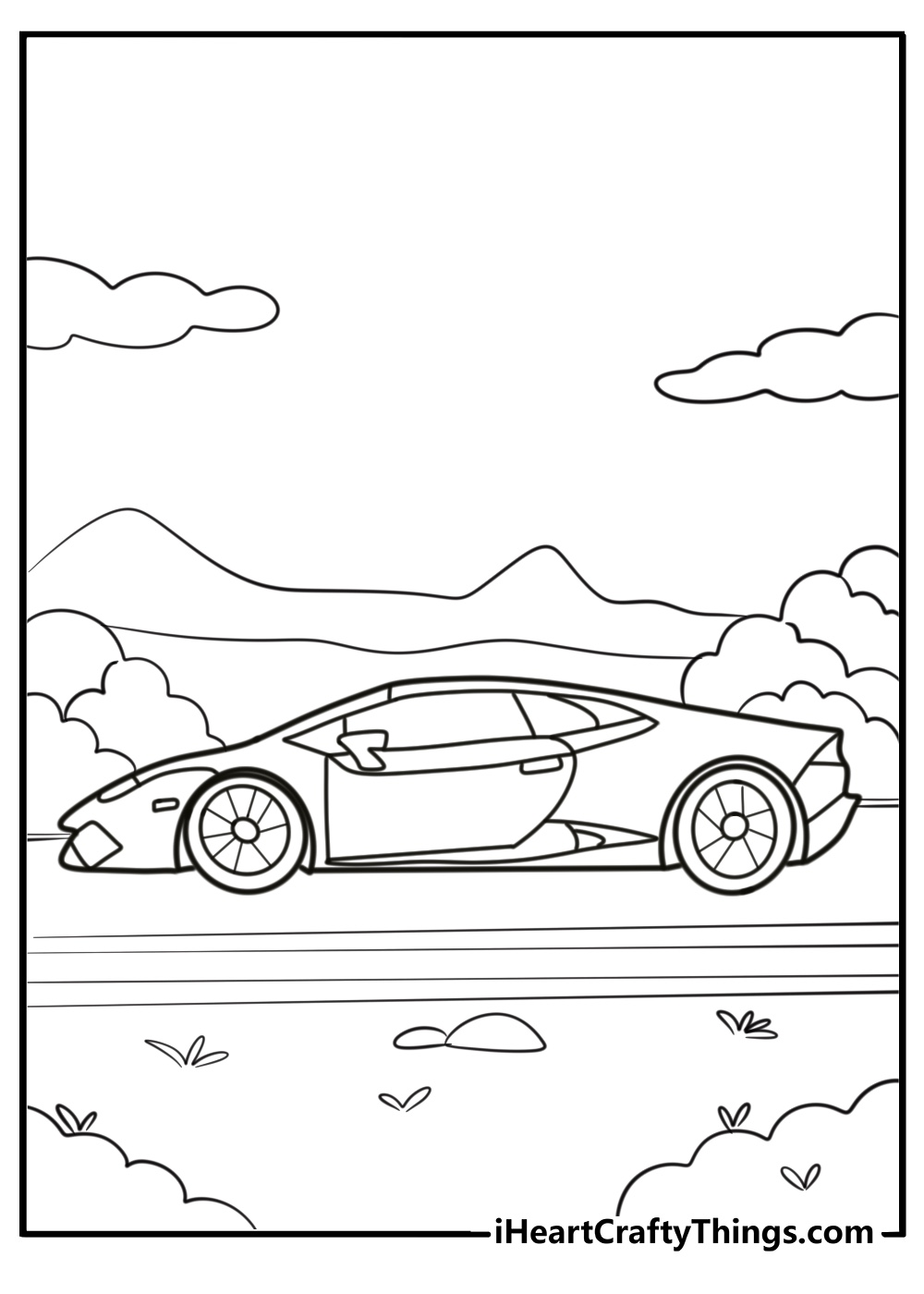 Side profile of lamborghini supercar on the road coloring sheet